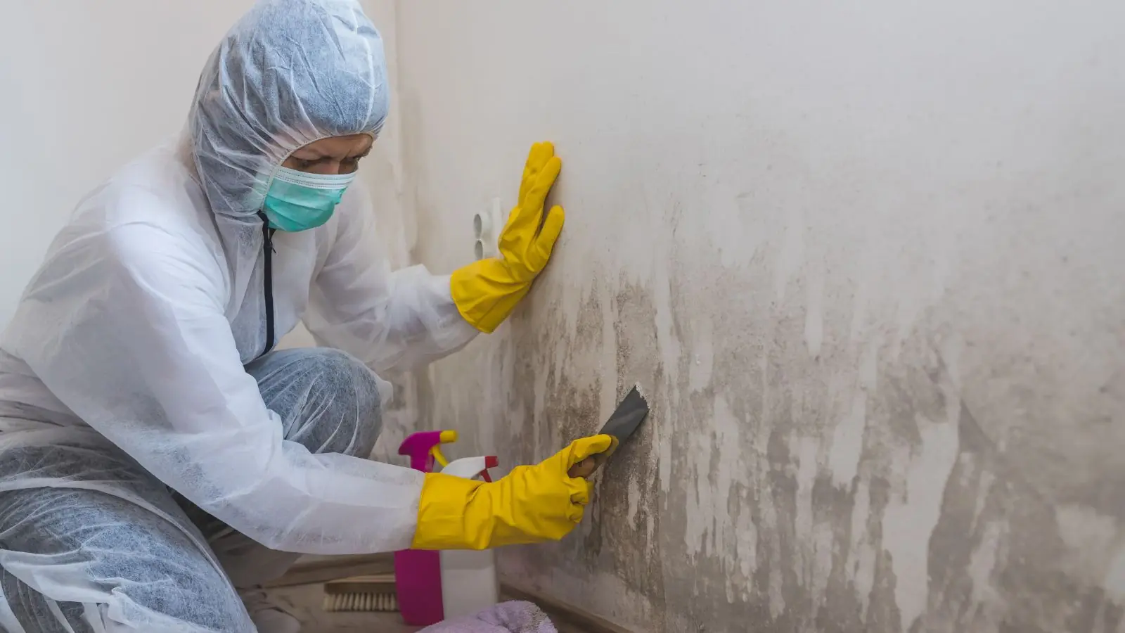 Technician in protective gear cleaning mold off a basement wall