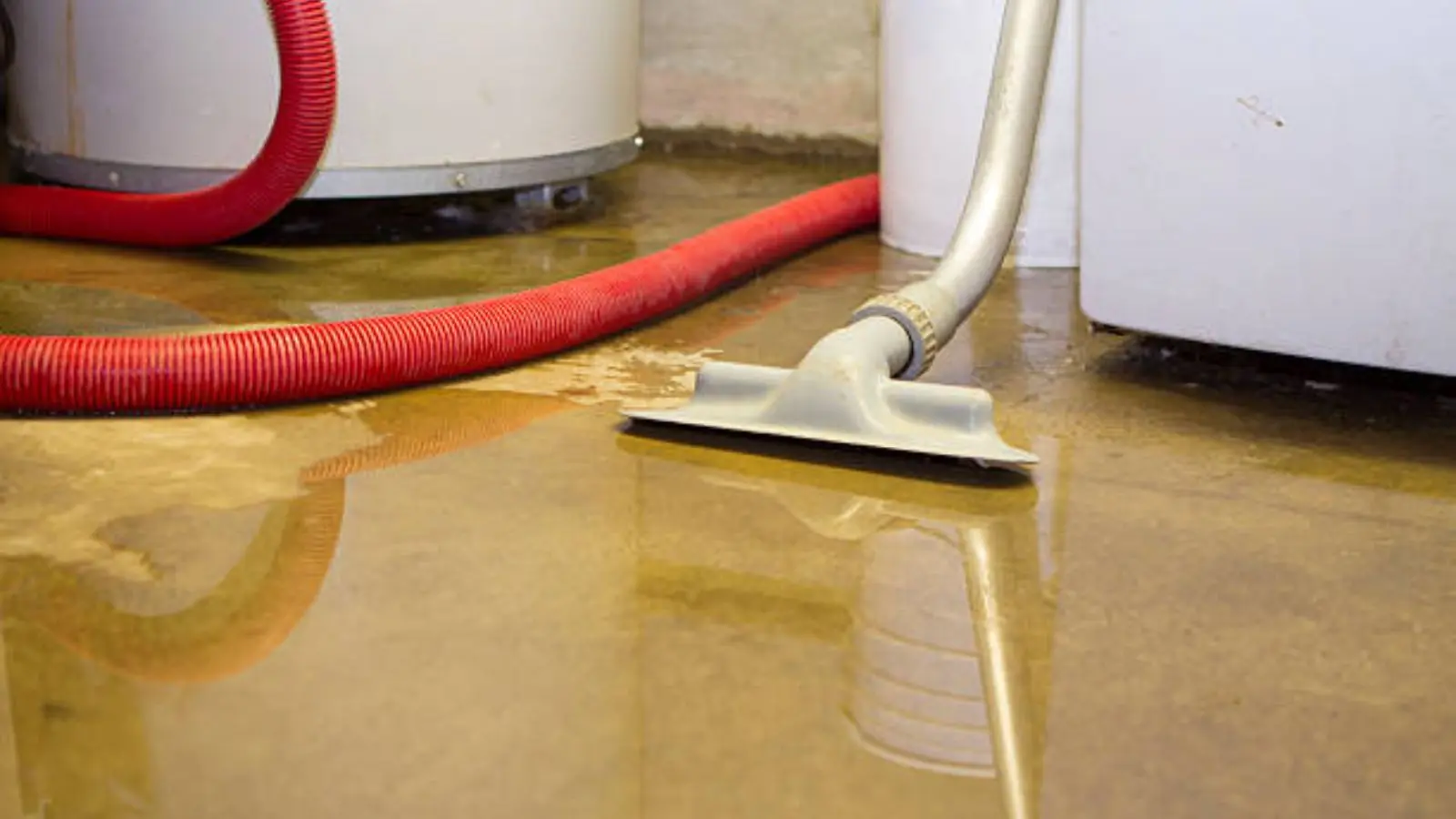 Wet vacuum with a red hose extracting dirty water from a floor during cleanup