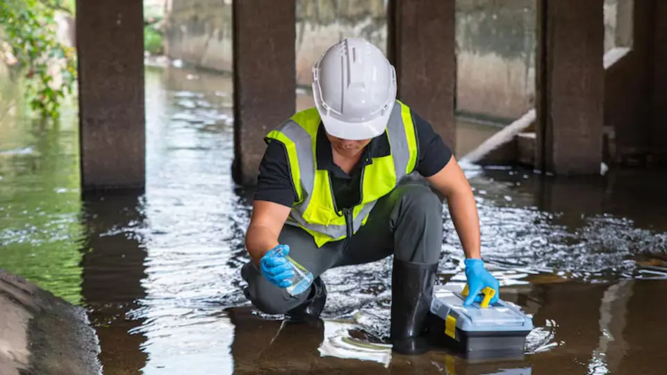 Technician taking a moisture reading in standing water inside a flooded home