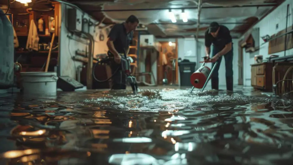 Crew pumping standing water out of a flooded basement