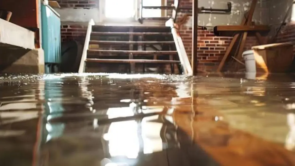 Flooded staircase and lower floor after a flood