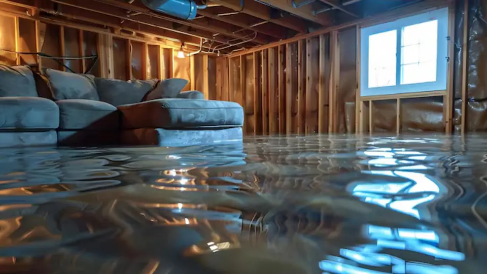 Flooded basement stripped back to the framing after water entered the home