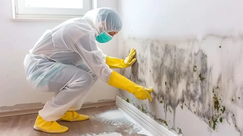 Technician in protective suit and gloves cleaning mold from a wall