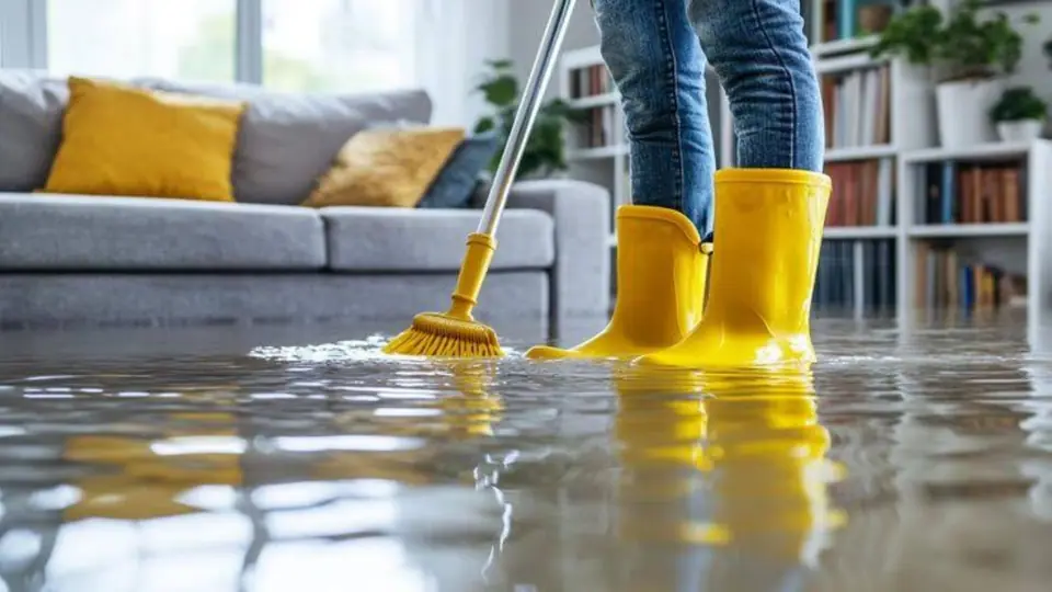 Worker mopping up water in rubber boots in a living room