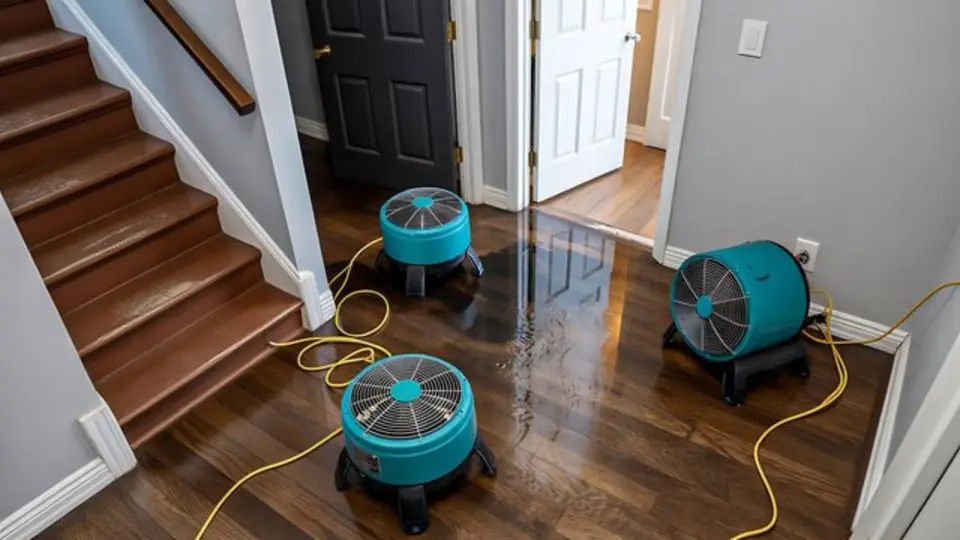 Air movers running on a hardwood floor and stairs to dry out water damage