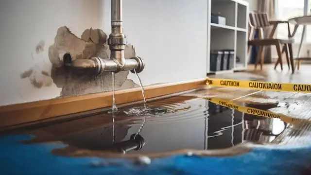 Burst pipe leaking onto a floor with caution tape in a home