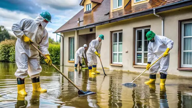 Crew in protective suits and boots cleaning up contaminated floodwater at a house